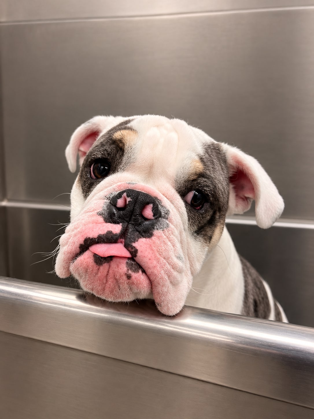 White and brindle bulldog resting its chin on the grooming bathtub edge