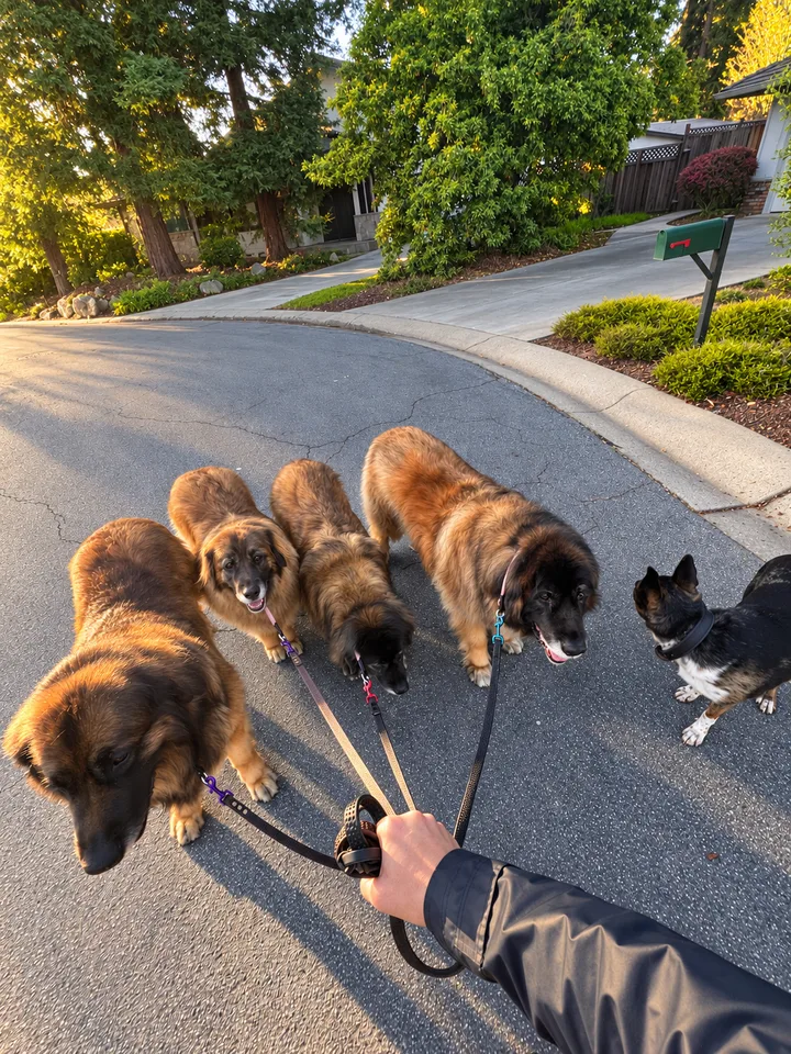 Five leashed dogs pausing together in warm afternoon light