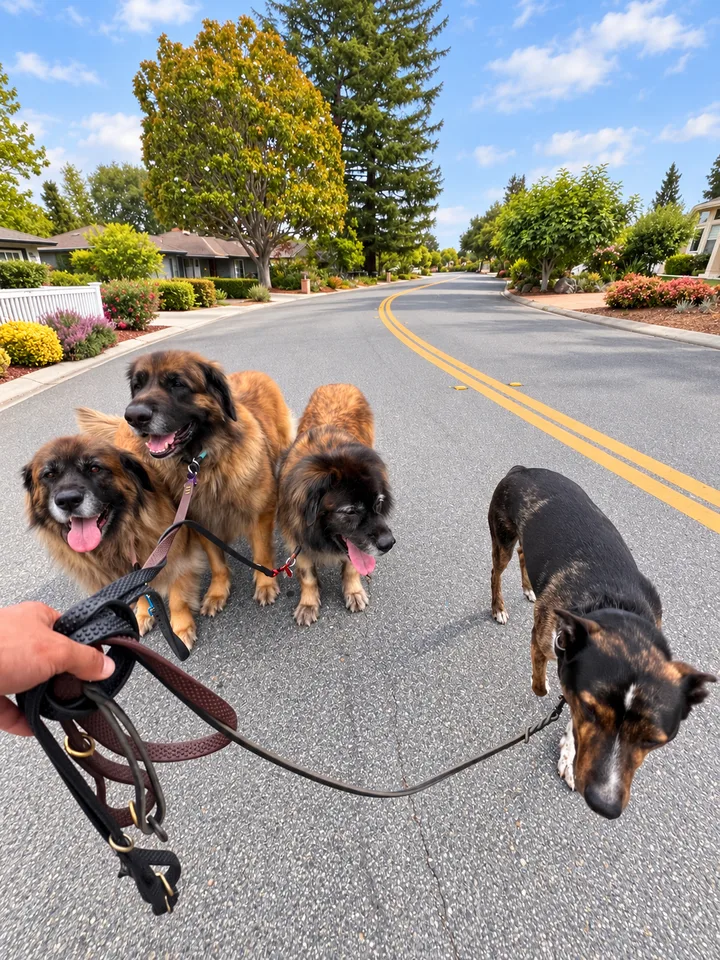 Four leashed dogs on a tree-lined neighborhood street