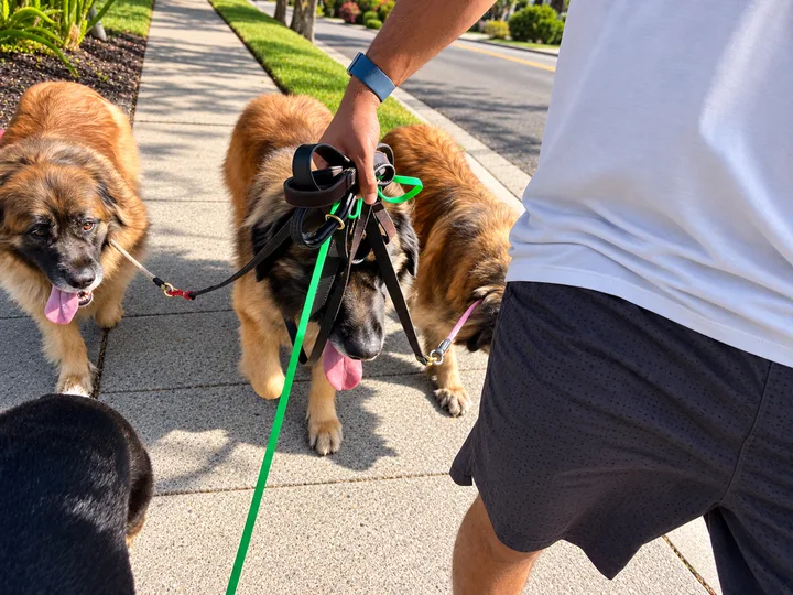 Dogs walking beside their handler on a neighborhood sidewalk